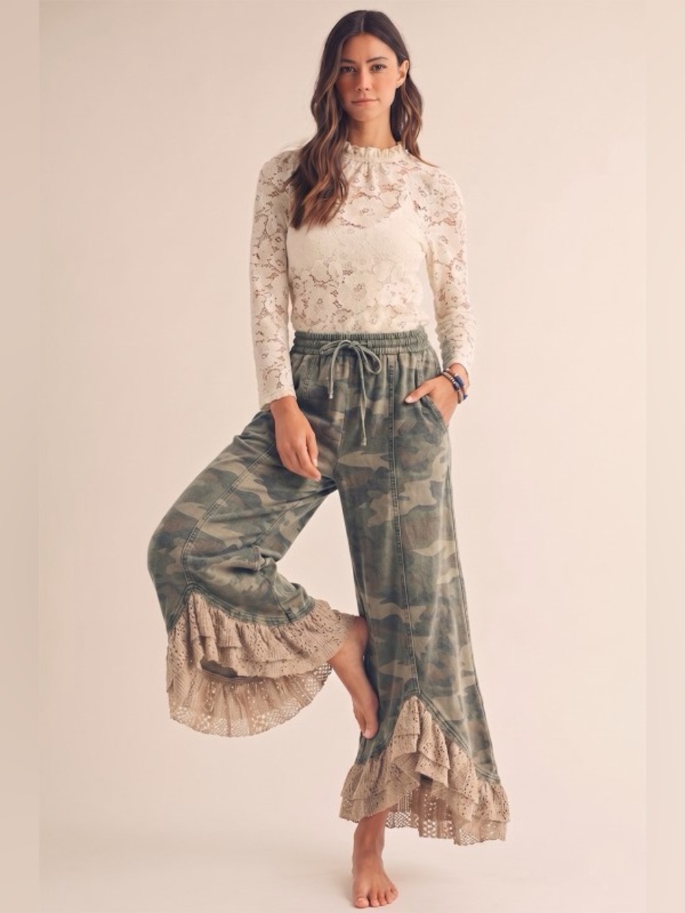 New 🔥Olive Camo Ruffled Hem Pants - Picture 3 of 4